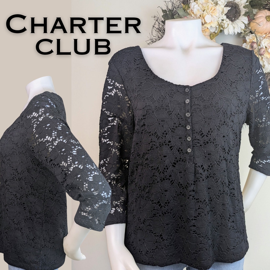 Charter Club Henley Top Xl Black Lace Sheer Overlay 3/4 Sleeve Scoop Neck New